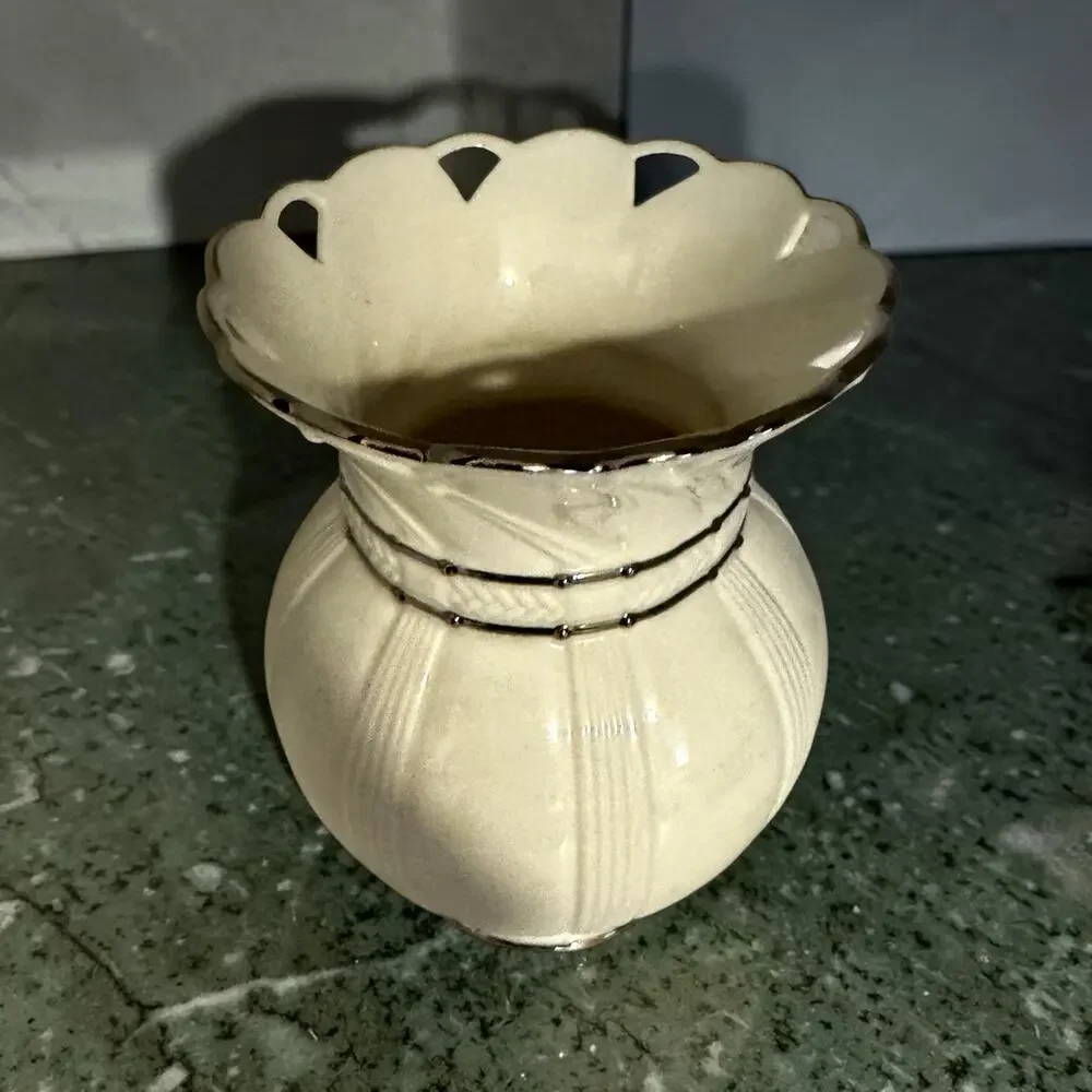 Vintage Lenox Artiste Ivory Porcelain Vase Platinum Trim Pierced Reticulated